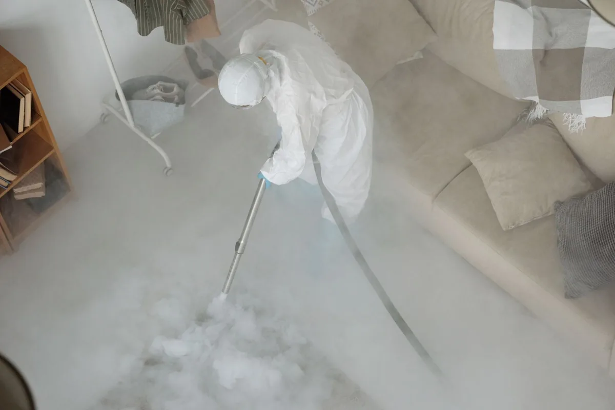 Biohazard cleanup technician in protective equipment, Short Pump, VA